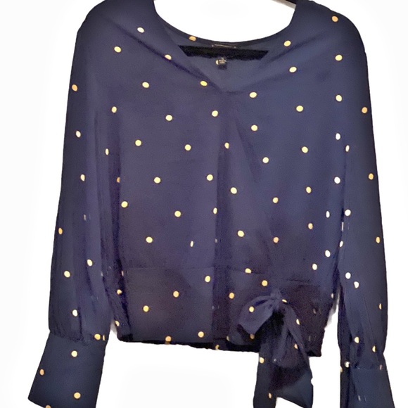 OLM Tops - Elegant Navy Polka Dot Blouse with Bow Accent